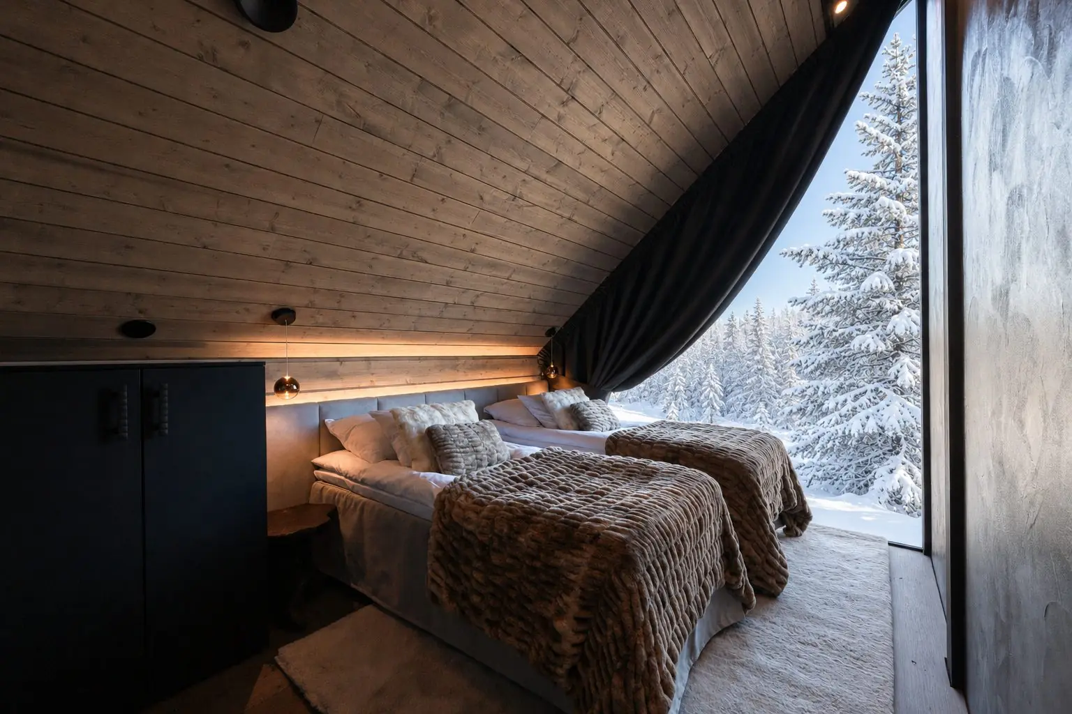 Twin bedroom in Grand Hideaway with a window onto snow covered forest