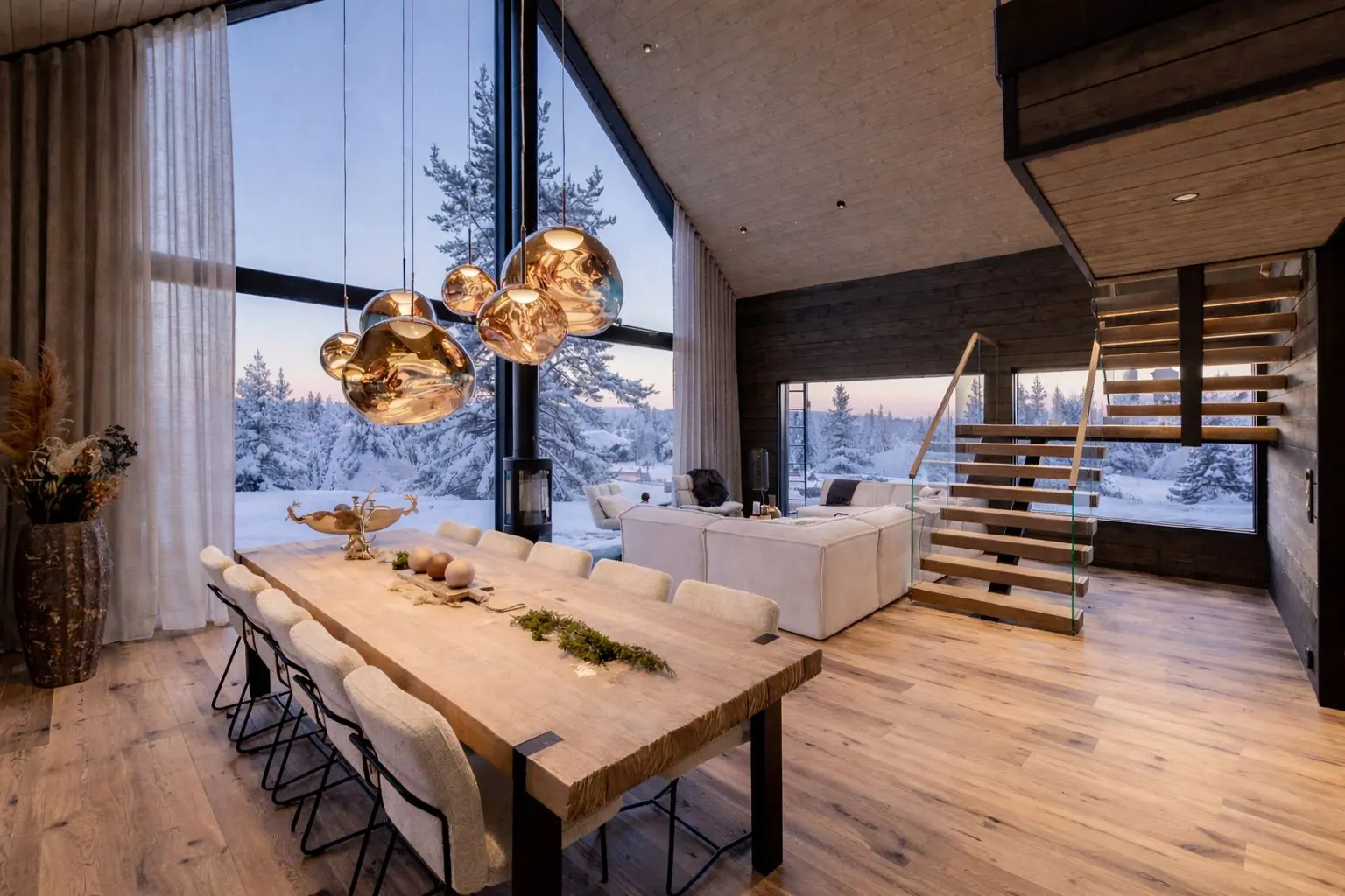 Private in-chalet dining experience with copper lamps at Aura Arctic Chalets, Finnish Lapland