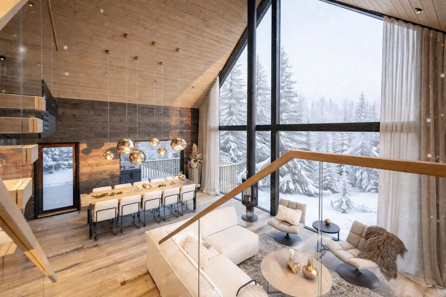 Dining and lounge area of Grand Panoramic during snowfall seen from the upper level